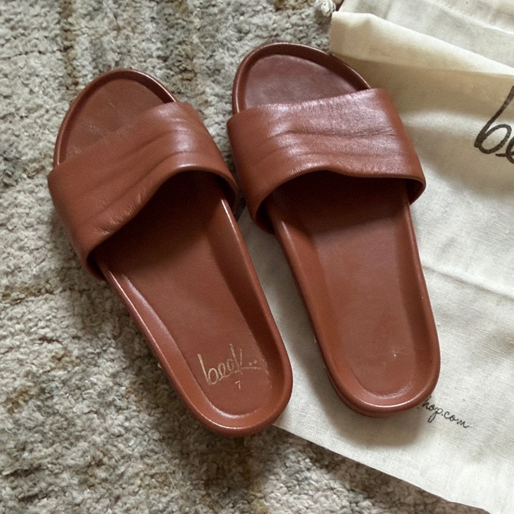beek Brown Leather Slide Sandals